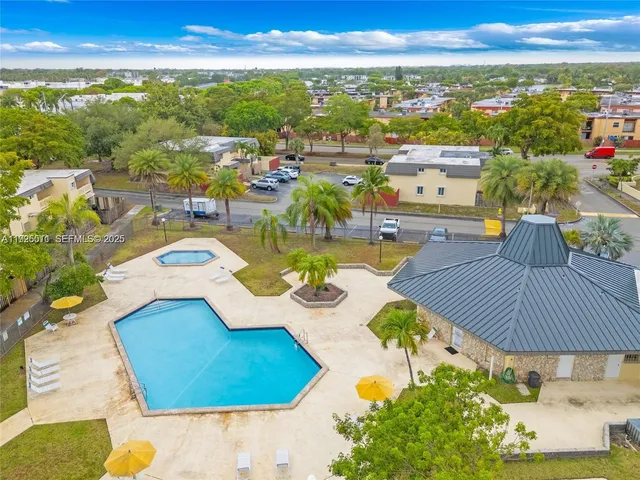 a view of a city with furniture