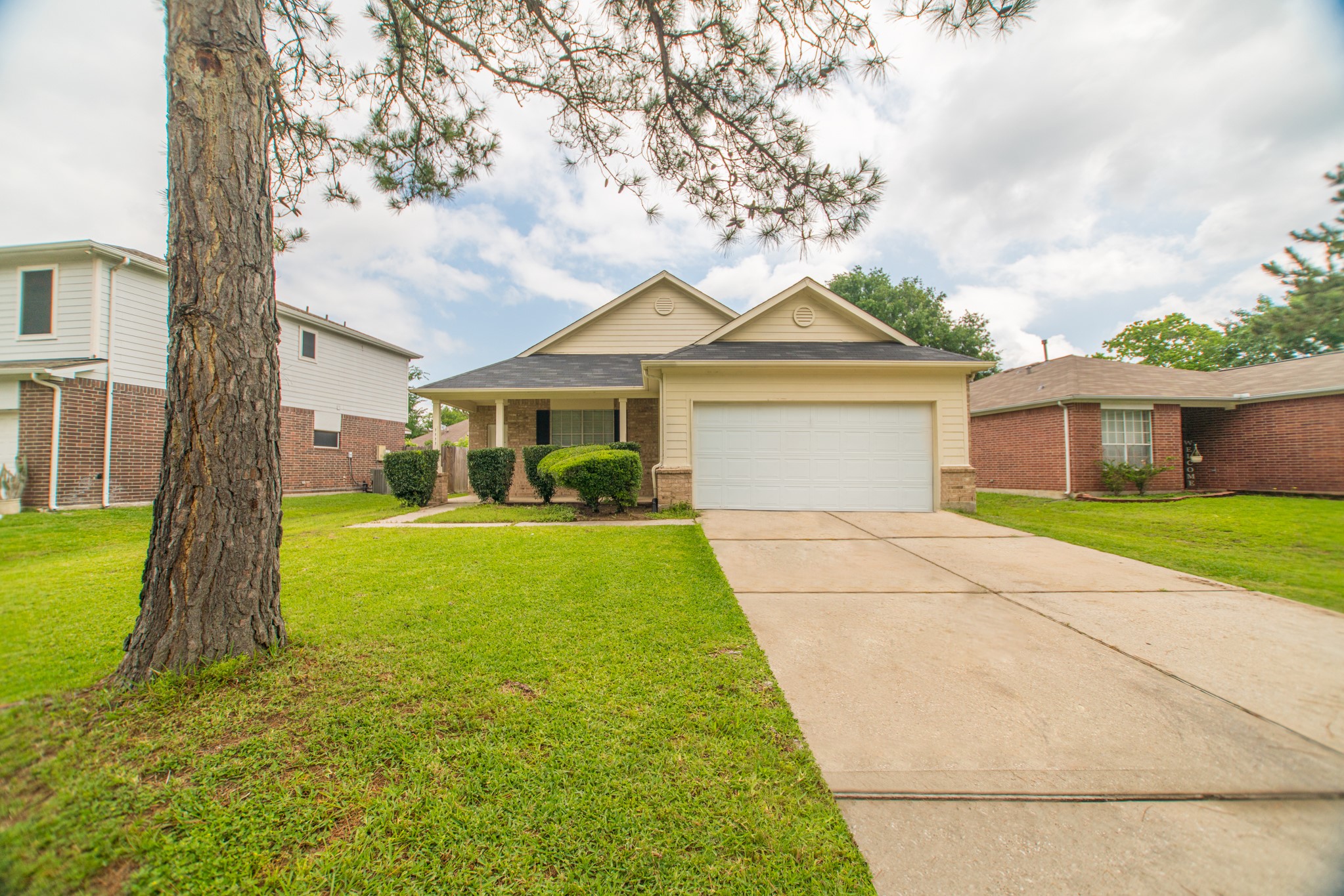 a front view of a house with yard and green space