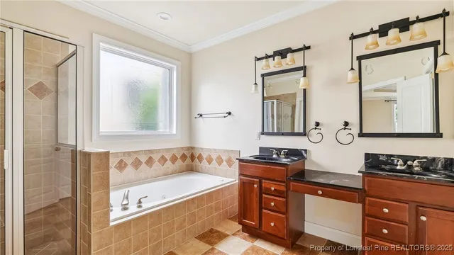 a bathroom with a bathtub and a shower