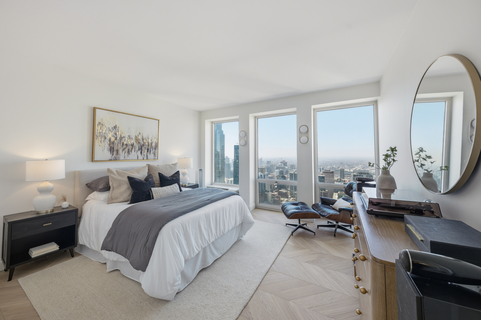 111 East Chestnut Street, Unit PHAB Chicago, IL 60611 - Photo 67 of 124 a spacious bedroom with a bed a large window and desk