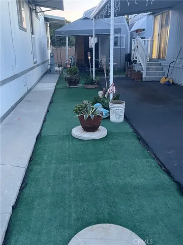 a view of a street with potted plants and large tree