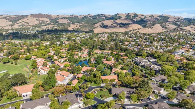 an aerial view of residential houses with outdoor space and trees