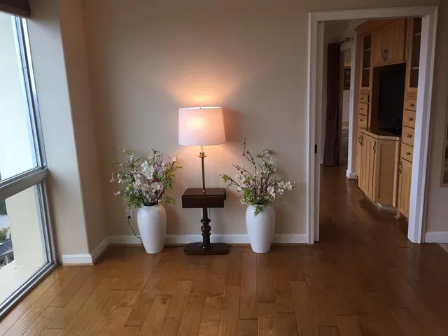 a view of a flower pot in a glass door