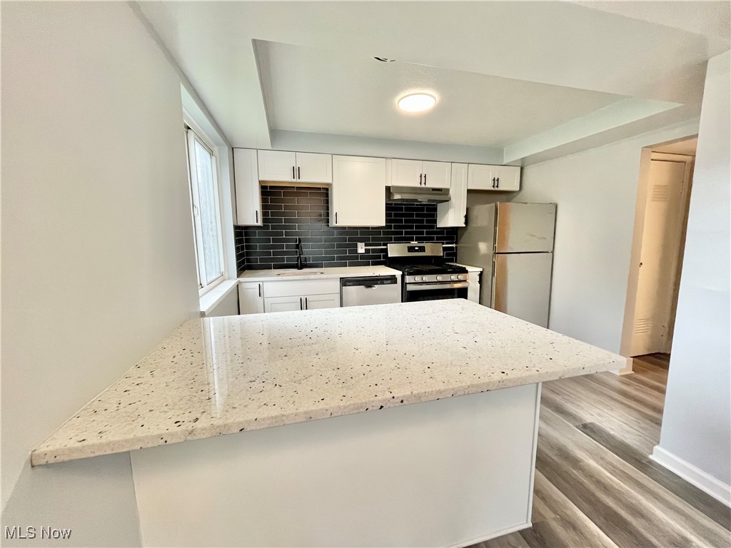 2868 Noble Road, Unit 16 Cleveland, OH 44121 - Photo 3 of 6 Kitchen with a peninsula, decorative backsplash, appliances with stainless steel finishes, white cabinetry, and light stone counters