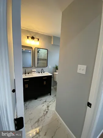 a bathroom with a sink double vanity and a mirror