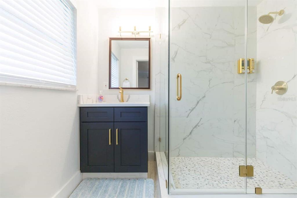 1613 Druid Road Clearwater, FL 33756 - Photo 16 of 47 a bathroom with a sink a mirror and shower
