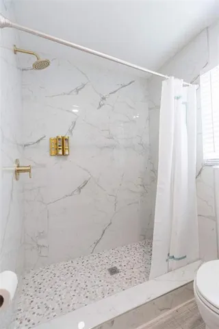 a bathroom with a shower and a toilet