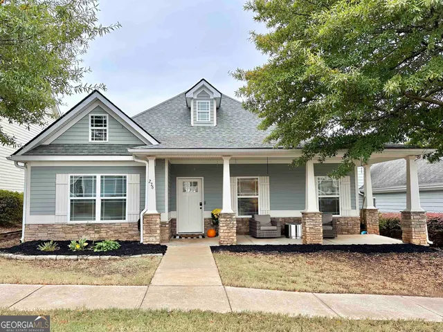 a front view of a house with lots of furniture and plants