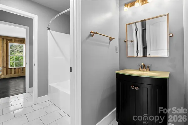 a bathroom with a sink a mirror and a shower