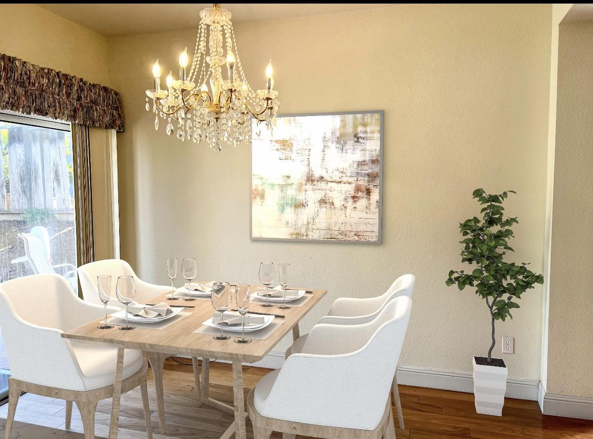 11792 Pine Brook Lane Cupertino, CA 95014 - Photo 6 of 19 a view of a dining room with furniture wooden floor and chandelier