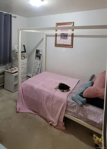 a bedroom with a bed and cabinets