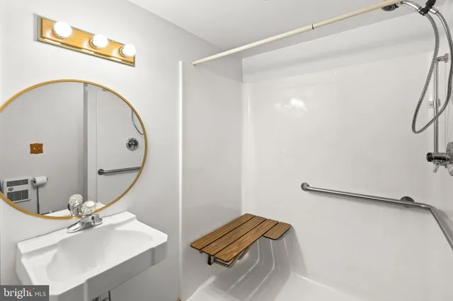 a bathroom with a shower and a sink