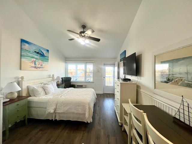 Bay View Bedroom with ceiling fan, vaulted ceiling, and dark wood-type flooring