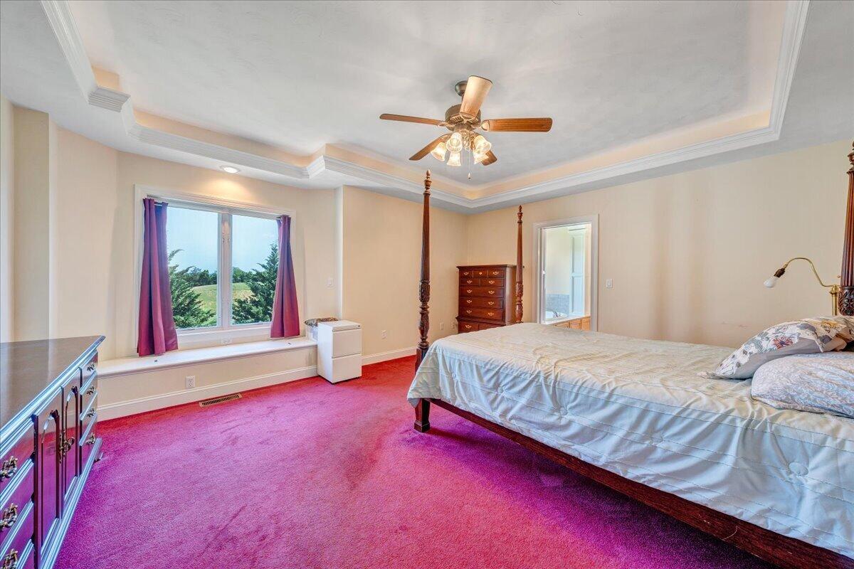 625 Frontier Way Fincastle, VA 24090 - Photo 34 of 105 a spacious bedroom with a bed and a chandelier