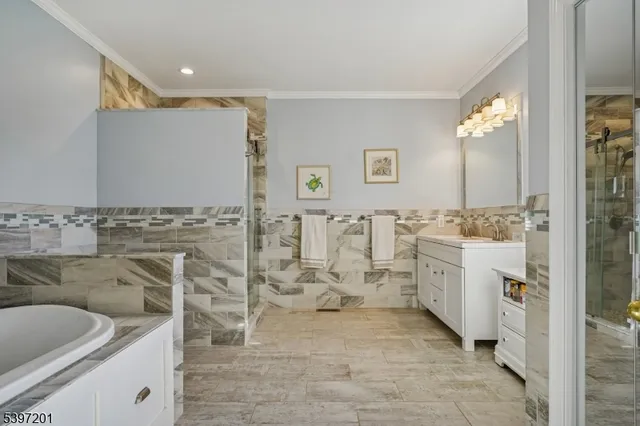 a bathroom with a granite countertop shower a mirror and a sink