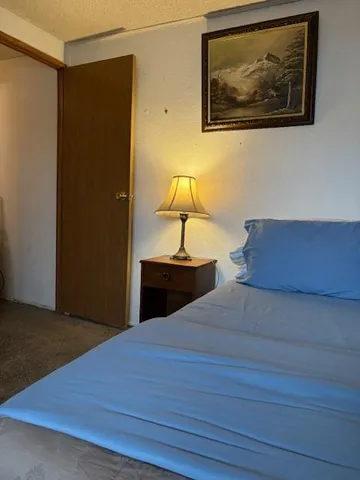 a bedroom with a bed and wall painting