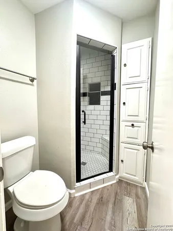 a bathroom with a toilet and a shower