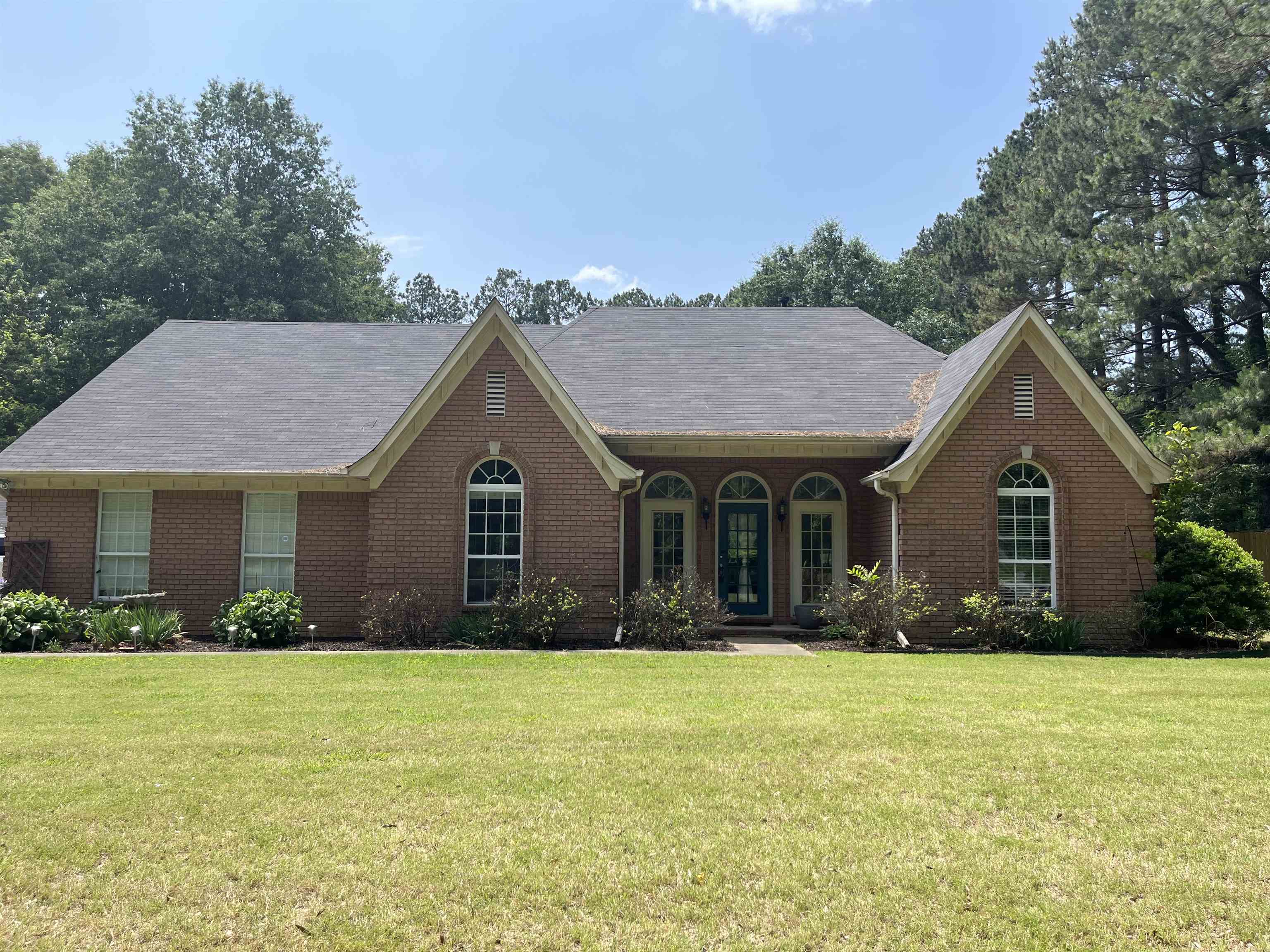a front view of house with yard and green space