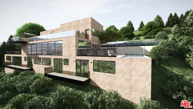 a view of a house with pool and windows