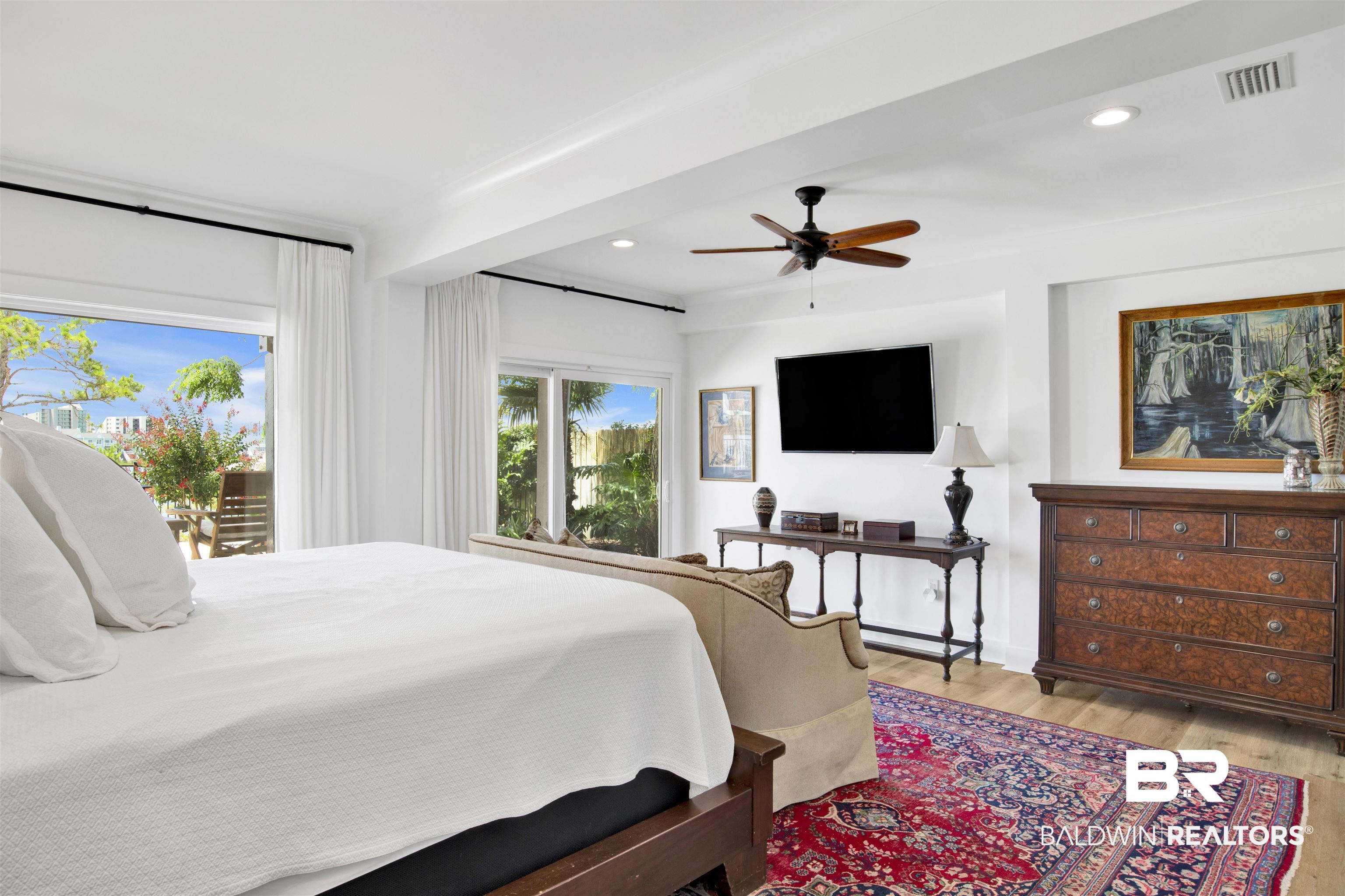 30538 River Road Orange Beach, AL 36561 - Photo 50 of 78 Bedroom featuring wood finished floors, recessed lighting, access to outside, and ceiling fan