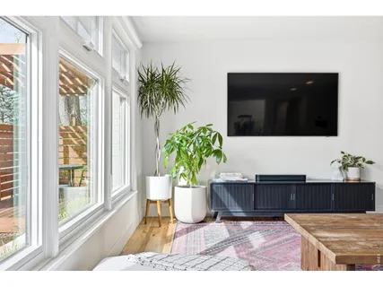 a living room with a potted plant