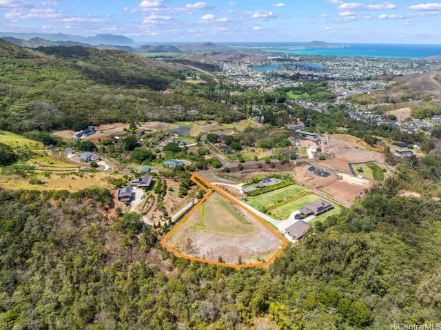 an aerial view of residential houses with outdoor space and trees