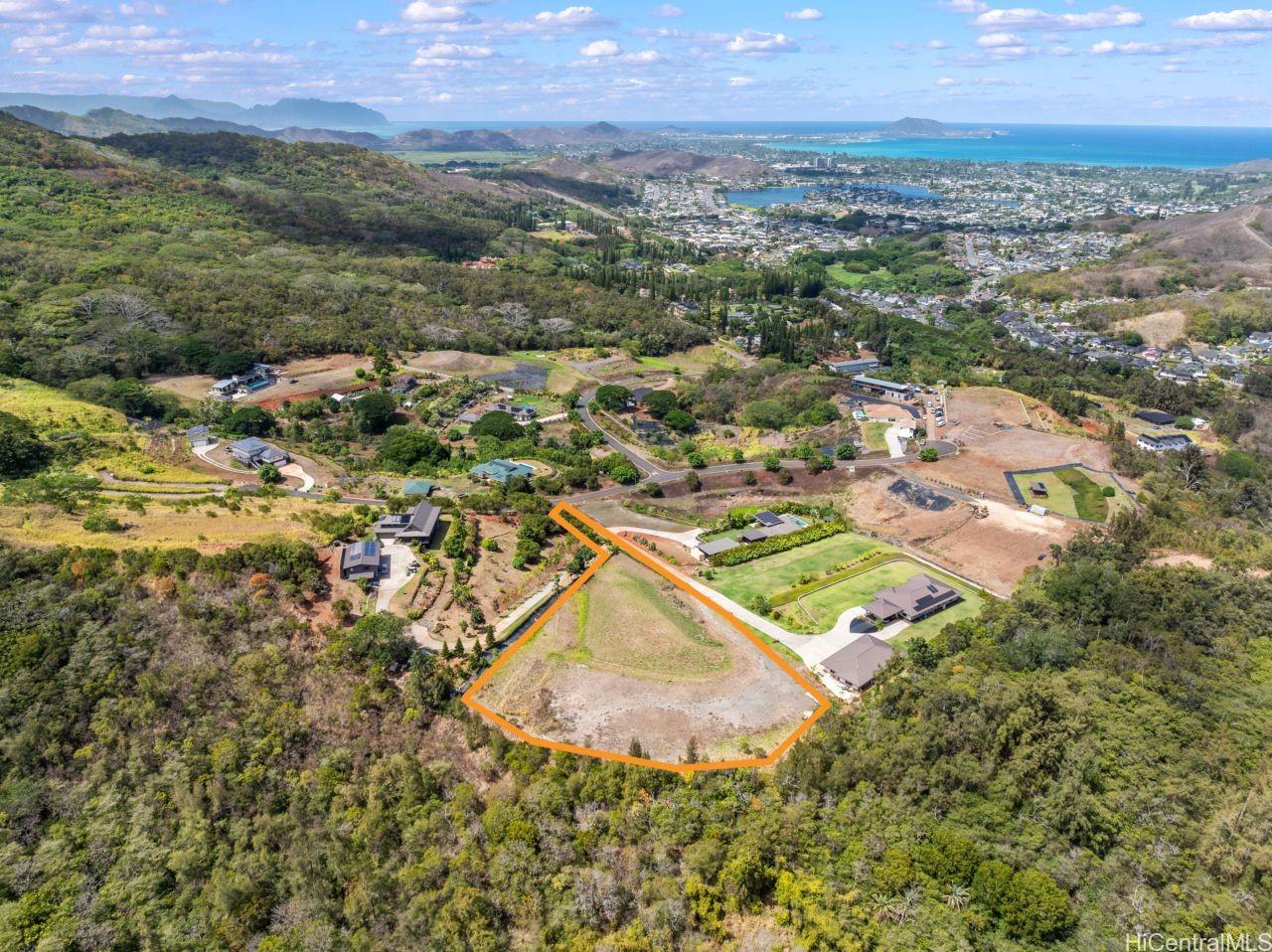 an aerial view of residential houses with outdoor space and trees