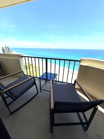 a balcony with a bench