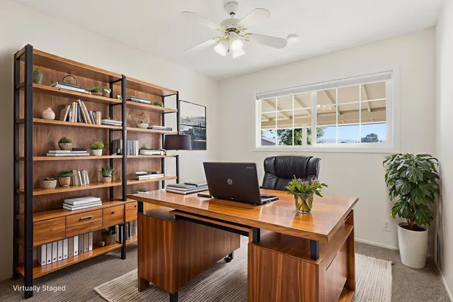 a view of a workspace with furniture and a potted plant