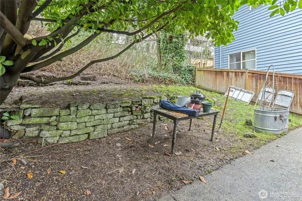 a backyard of a house with table and chairs