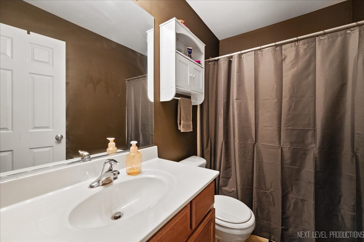 3765 Bailey Road Yorkville, IL 60560 - Photo 13 of 27 a bathroom with a sink a toilet a mirror and shower curtain