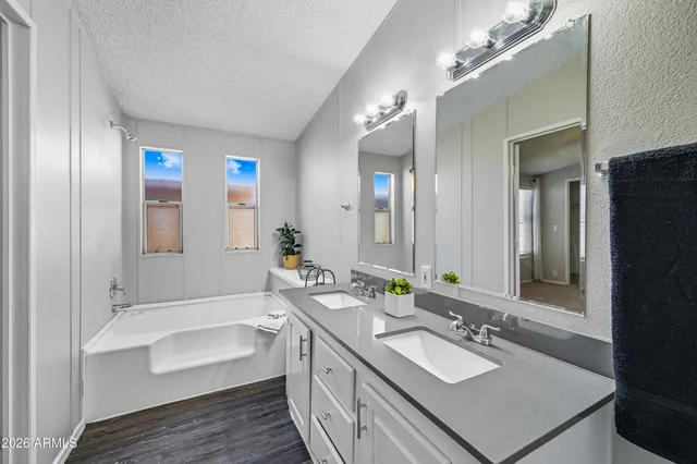 a bathroom with a bathtub double vanity sink and a mirror