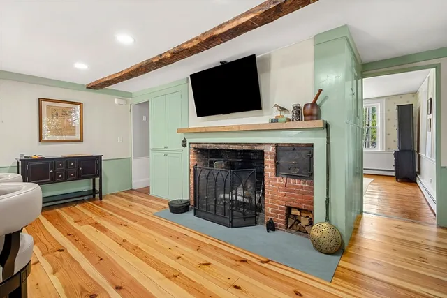 a bedroom with furniture and a fireplace