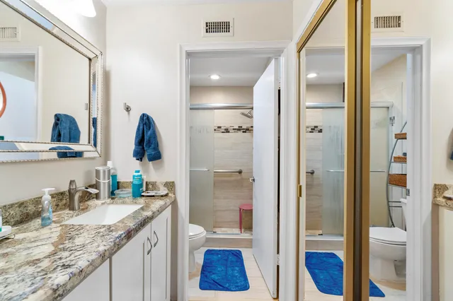 a bathroom with a granite countertop sink toilet and shower