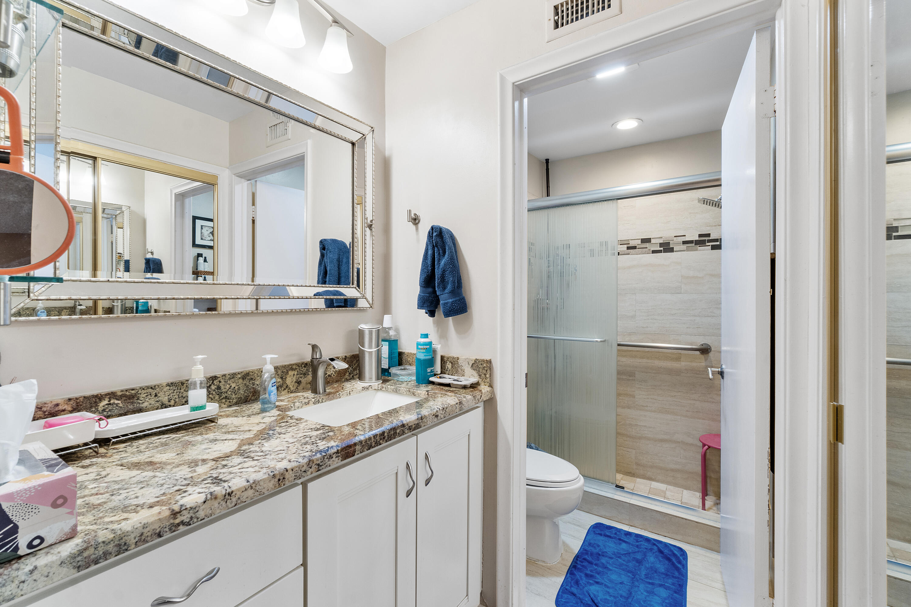 10900 Waterberry Court Boca Raton, FL 33498 - Photo 22 of 28 a bathroom with a granite countertop sink toilet and shower