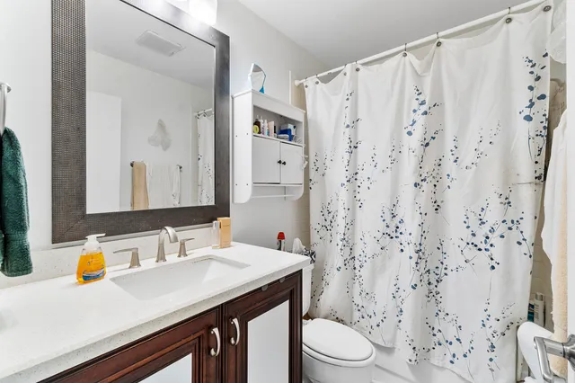 a bathroom with a sink a toilet and shower curtain