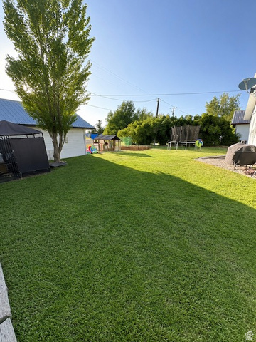 303 North Main Street Grace, ID 83241 - Photo 4 of 22 Expansive lawn area featuring a mature tree, a white outbuilding with a blue metal roof, and perimeter fencing