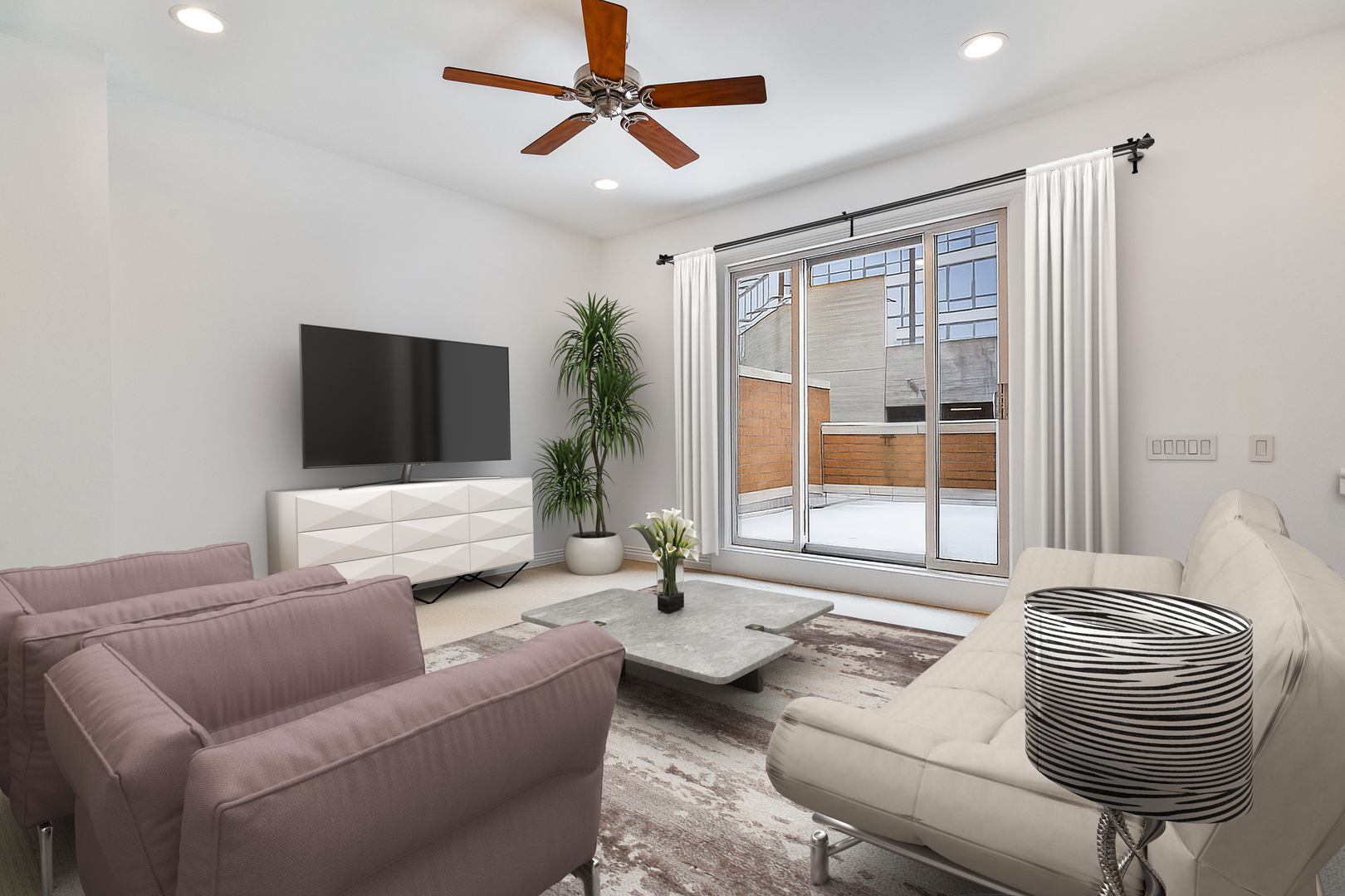 849 West Ohio Street, Unit 8 Chicago, IL 60642 - Photo 12 of 20 a living room with furniture floor to ceiling window and a flat screen tv