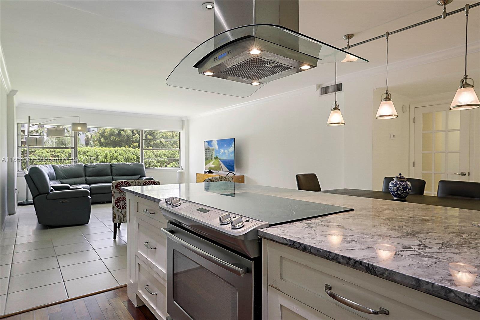 1700 Northeast 105th Street, Unit 203 Miami Shores, FL 33138 - Photo 14 of 45 a kitchen with a stove and a view of living room