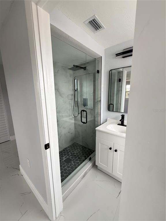 10433 Laburnum Drive Port Richey, FL 34668 - Photo 15 of 26 a bathroom with a granite countertop sink a mirror and a shower
