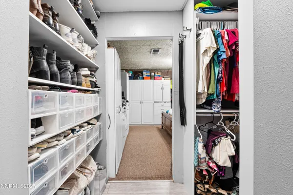a view of a backyard with large trees