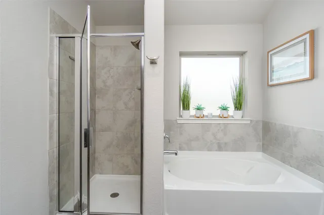 a bathroom with a bathtub and a shower