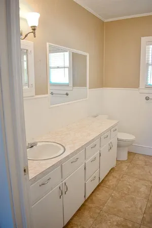 a bath room with a sink a toilet and a tub