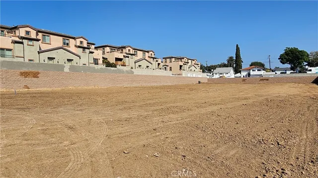 a swimming pool with potted plants in front of it