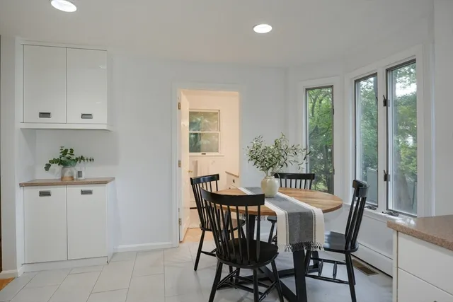 a view of a dining room with furniture and window