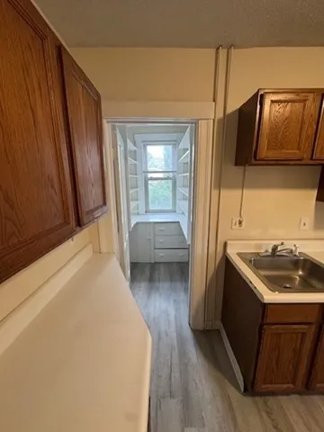 a kitchen with a sink and wooden cabinets