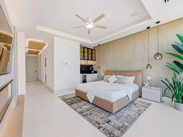 a spacious bedroom with a large bed a rug and potted plant