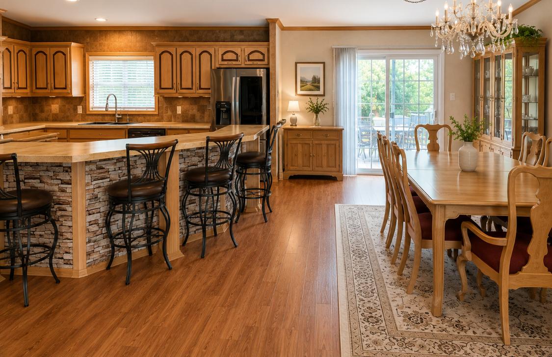 438 Kellar Road Smithville, TX 78957 - Photo 12 of 30 An open concept design seamlessly connects a spacious kitchen with an inviting dining area, boasting warm wood finishes throughout.