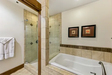 a bathroom with a bathtub and a shower