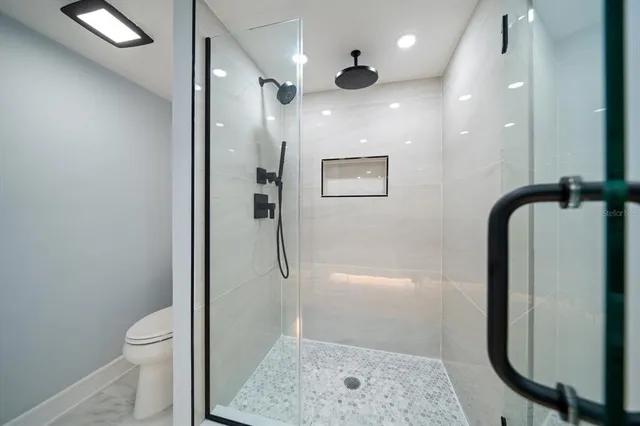 a bathroom with a shower and a toilet